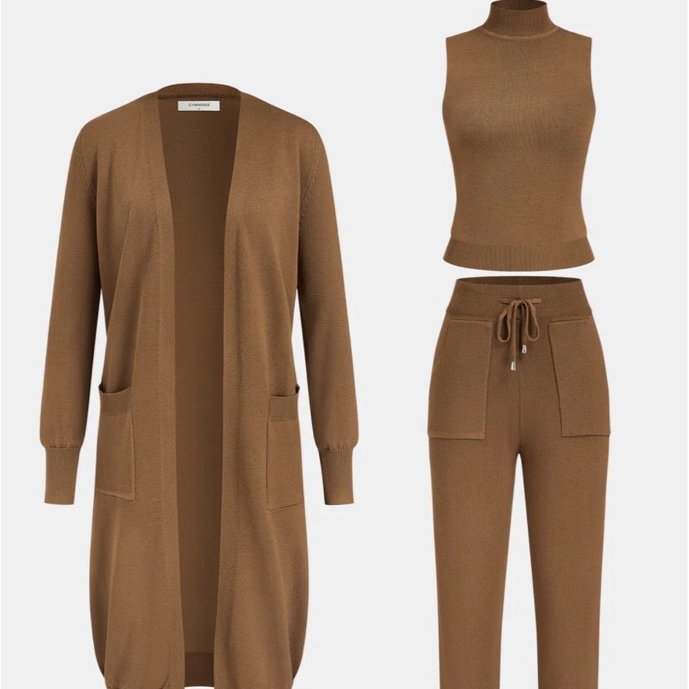 Women's Brown Knit Cardigan and Pants Set